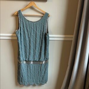 Adrianna Papell Teal Beaded Mini Dress | Size 14